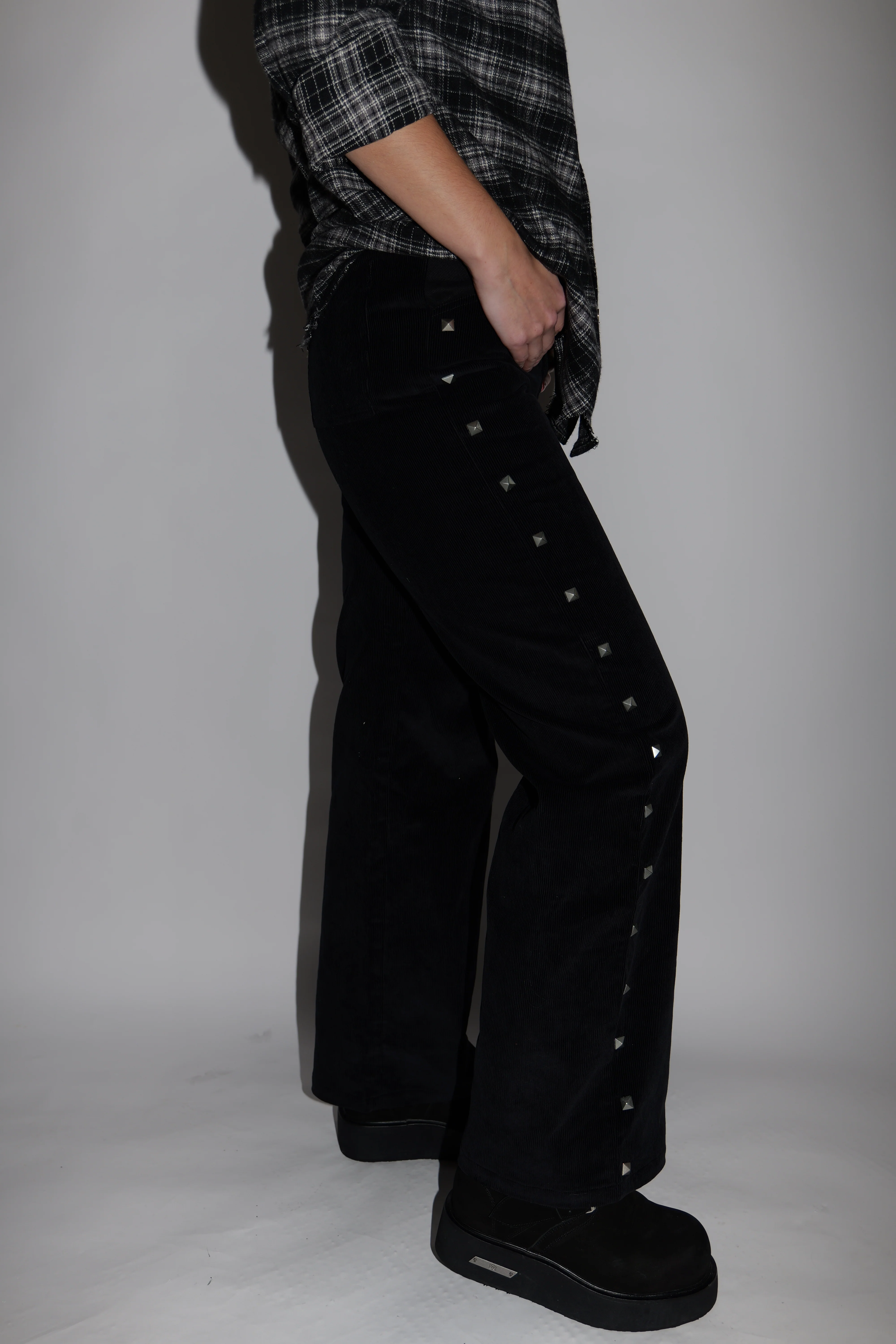 (Black) Studded Corduroy Pants - Image 3